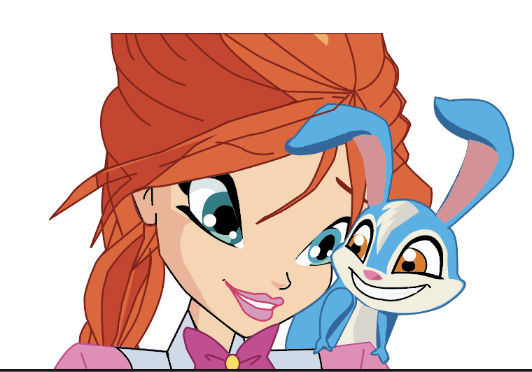 Illustration de Bloom, personnage principal de la série animée Winx Club. Elle a de longs cheveux roux coiffés en tresse et un large sourire tendre. Elle regarde avec affection Kiko, son petit compagnon animal, un lapin bleu et blanc aux grandes oreilles et aux yeux expressifs, perché sur son épaule. Bloom porte une chemise rose avec un nœud papillon violet et un bouton doré. La scène évoque la complicité et l’amitié entre les deux personnages.