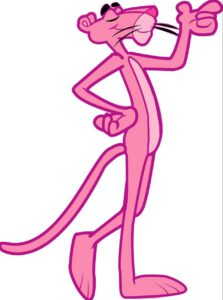 Illustration de la Panthère Rose, personnage de dessin animé emblématique. Elle est debout, souriante, avec une patte posée sur la hanche et l’autre tendue vers l’avant dans un geste confiant. Son corps est longiligne, entièrement rose avec un museau plus clair, sur fond blanc.