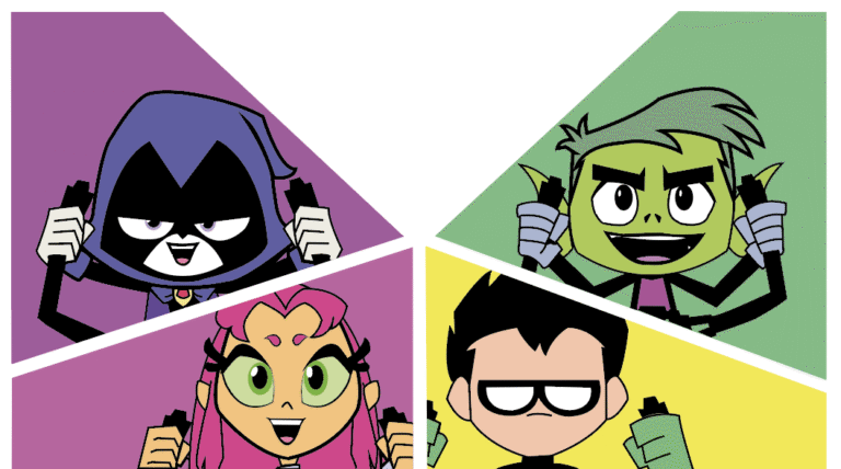 Illustration stylisée des cinq super-héros de la série animée Teen Titans Go!, chacun dans un triangle de couleur vive. En haut à gauche, Raven, vêtue de sa cape violette, affiche un regard malicieux. À droite, Beast Boy, à la peau verte, sourit largement. En bas, Starfire, aux longs cheveux roses et grands yeux verts, exprime sa joie. À ses côtés, Robin, au regard sérieux et uniforme jaune et noir, reste impassible. Les personnages tiennent tous une manette de jeu vidéo, suggérant une compétition ou un moment de détente en équipe. Le fond coloré renforce l’ambiance dynamique et ludique propre à la série.