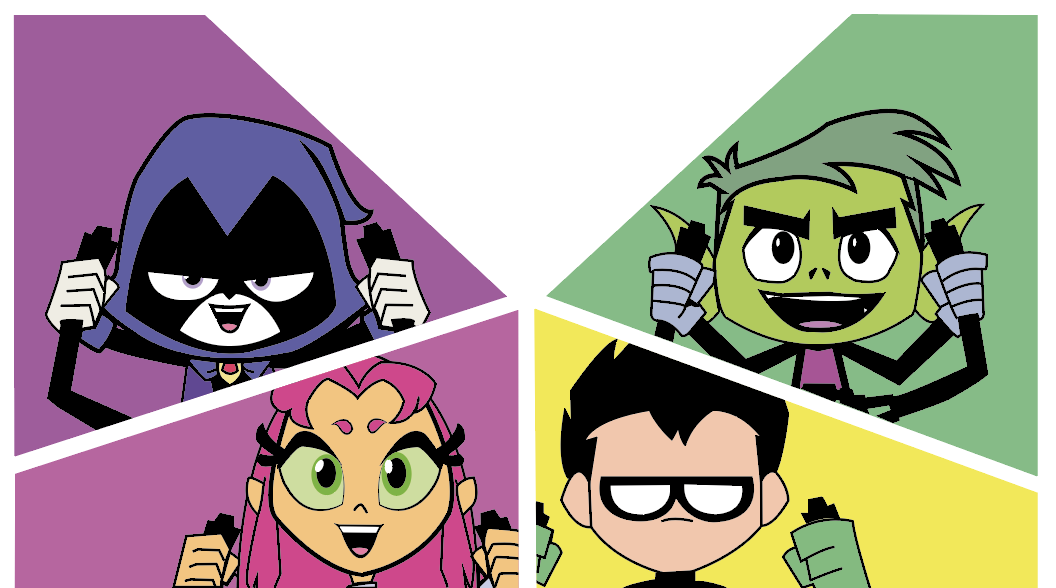 Illustration stylisée des cinq super-héros de la série animée Teen Titans Go!, chacun dans un triangle de couleur vive. En haut à gauche, Raven, vêtue de sa cape violette, affiche un regard malicieux. À droite, Beast Boy, à la peau verte, sourit largement. En bas, Starfire, aux longs cheveux roses et grands yeux verts, exprime sa joie. À ses côtés, Robin, au regard sérieux et uniforme jaune et noir, reste impassible. Les personnages tiennent tous une manette de jeu vidéo, suggérant une compétition ou un moment de détente en équipe. Le fond coloré renforce l’ambiance dynamique et ludique propre à la série.