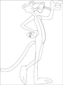 Dessin au trait de la Panthère Rose, personnage emblématique de la série d’animation éponyme. La silhouette élancée du félin est représentée dans une posture décontractée : une main posée sur la hanche, l'autre tendue vers l’avant, l’index pointé dans un geste expressif. Son museau allongé, ses grandes moustaches et son air malicieux sont reconnaissables instantanément. Le style graphique reste fidèle aux lignes épurées et stylisées de la série originale, avec une touche humoristique dans la posture et l’attitude. Le tracé est simple, sans couleur ni ombrage, évoquant une étape de dessin ou un coloriage à compléter.