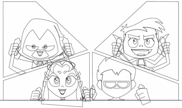 Dessin au trait représentant les Teen Titans dans un style inspiré de la série animée "Teen Titans Go!". L'image est divisée en quatre sections triangulaires, chacune mettant en scène un des personnages principaux, tenant une bombe de peinture, comme s’ils allaient taguer ou colorer quelque chose : En haut à gauche : Raven, avec sa capuche caractéristique et son regard malicieux. En haut à droite : Beast Boy, avec ses oreilles pointues et ses cheveux hérissés, affichant un sourire enthousiaste. En bas à gauche : Starfire, reconnaissable à ses grands yeux et son bandeau frontal, affichant une expression joyeuse. En bas à droite : Robin, le chef du groupe, au visage sérieux et concentré, portant ses lunettes de masque. Chaque personnage est entouré de formes géométriques nettes pour séparer les cases. Le style est clair, propre, et linéaire, typique d’une planche de coloriage ou d’un calque vectoriel.