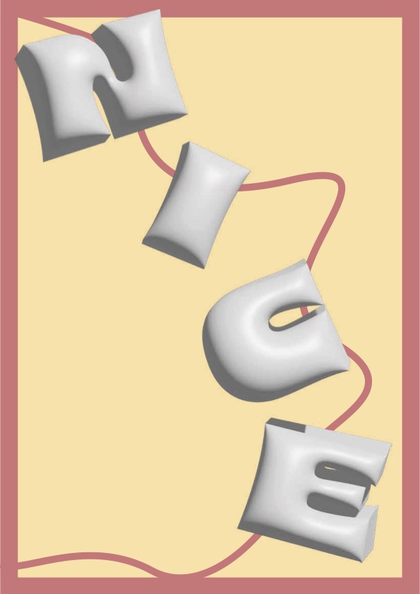 Affiche colorée au fond jaune pâle encadré d’un contour vieux rose. Le mot « NICE » est écrit en grandes lettres blanches en 3D, disposées en diagonale du coin supérieur gauche au coin inférieur droit. Un trait sinueux rouge foncé traverse l’image de manière fluide, ajoutant une touche de dynamisme.