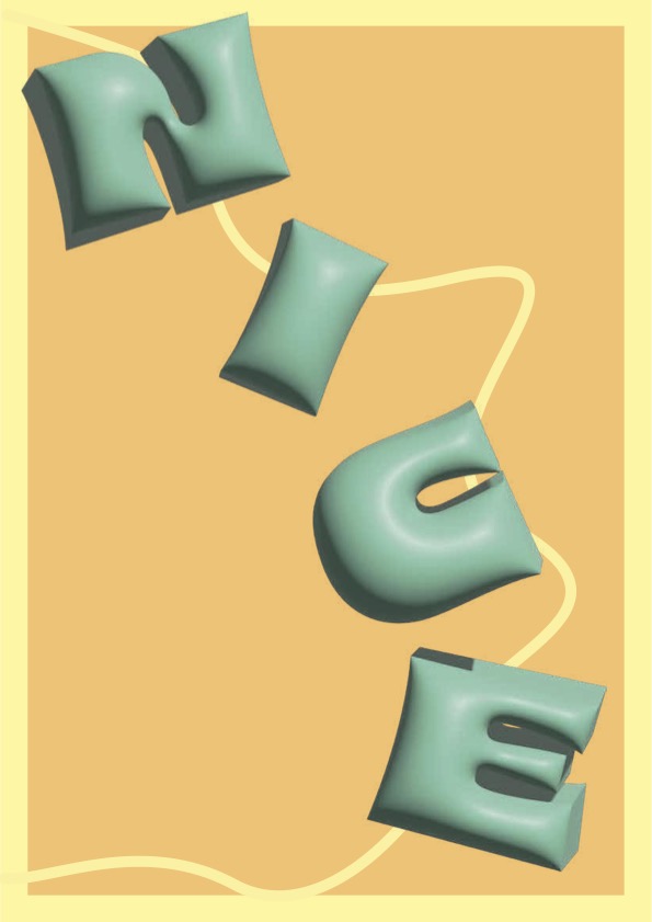 Affiche graphique au fond orange vif encadré d’une bordure jaune pâle. Le mot « NICE » est écrit en lettres volumineuses de style 3D, vert menthe, disposées en diagonale descendante. Un trait sinueux de couleur jaune pâle traverse l’arrière-plan, ajoutant un effet de mouvement doux à l’image.