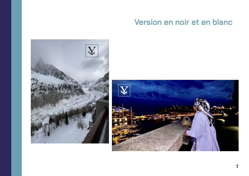 Deux photographies artistiques affichant le logo de Yasmine JLAIEL. À gauche, une scène hivernale en noir et blanc d'une vallée enneigée entourée de montagnes. À droite, une version stylisée et contrastée en couleurs vives montrant une jeune femme de dos regardant un port illuminé de nuit. Texte en haut à droite : "Version en noir et blanc".