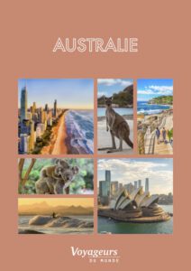 Visuel de type affiche ou carte promotionnelle pour un voyage en Australie, avec des éléments graphiques évoquant la nature australienne, la plage et les paysages exotiques.