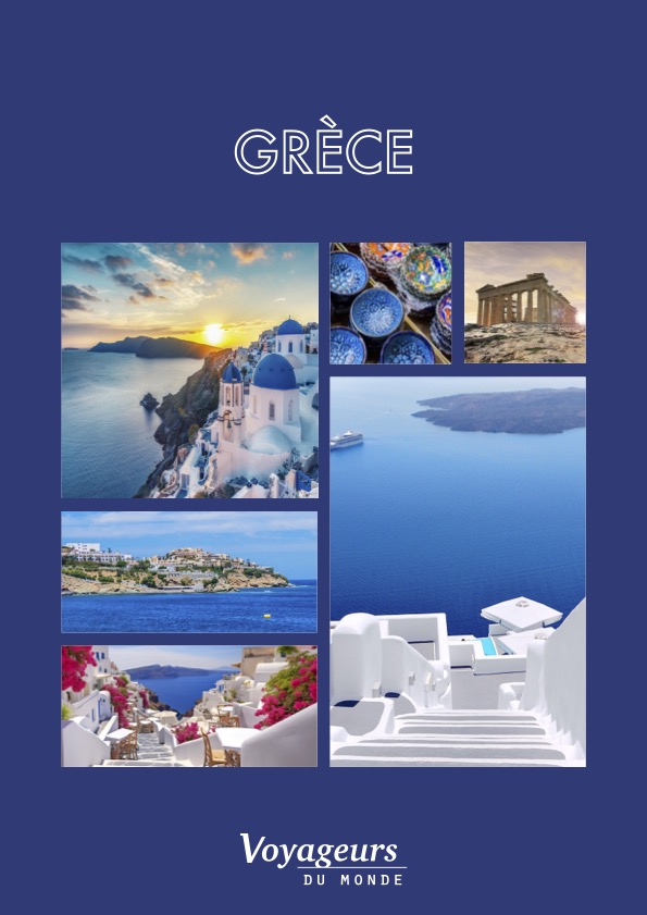 Visuel de type affiche ou carte promotionnelle pour un voyage en Grèce, avec des éléments emblématiques comme les toits bleus, la mer Égée et des motifs méditerranéens typiques.