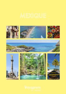 Visuel de type affiche ou carte promotionnelle pour un voyage au Mexique, illustrant des symboles culturels colorés comme des cactus, des motifs aztèques et des décors ensoleillés.