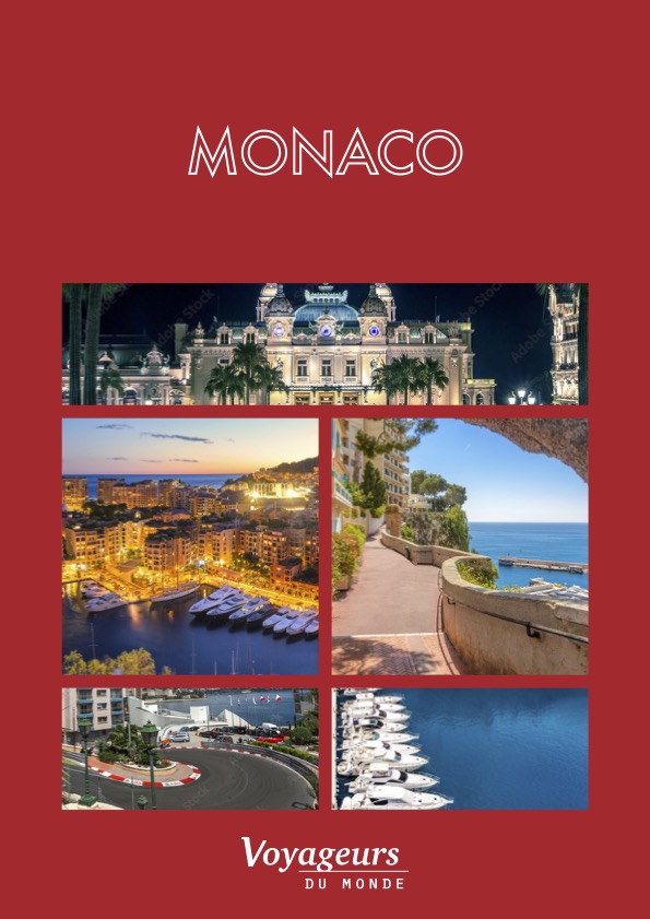 Visuel de type affiche ou carte promotionnelle pour un voyage à Monaco, avec des références visuelles à la Côte d’Azur, aux yachts et à l’élégance urbaine.
