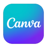 Icône de Canva, affichant le mot "Canva" en écriture manuscrite blanche sur un fond dégradé bleu turquoise et violet, représentant l'identité visuelle de la plateforme de design graphique.