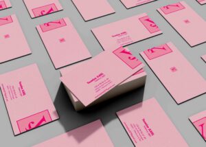 Mockup de cartes de visite professionnelles disposées en perspective sur un fond gris. Les cartes, de couleur rose pâle avec une typographie rose foncé, portent le nom "Yasmine JALEL" (graphiste en design éditorial), ses coordonnées, ainsi qu’un logo stylisé. Le design est minimaliste et élégant, avec une mise en page soignée et une typographie bien lisible.