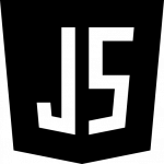 Icône JavaScript stylisée avec les lettres JS en blanc sur fond noir en forme de bouclier