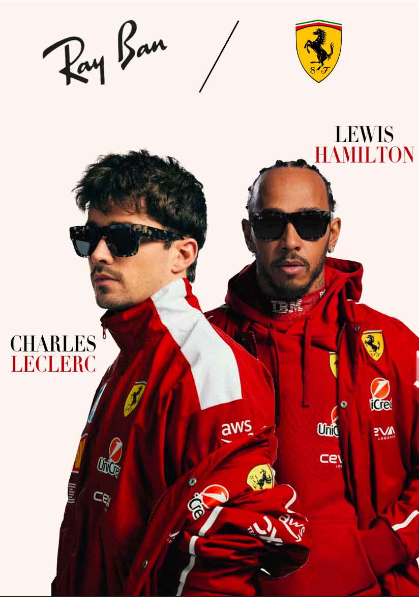 Charles Leclerc et Lewis Hamilton portant des lunettes Ray-Ban et des vestes officielles de la Scuderia Ferrari dans une campagne promotionnelle Ray-Ban x Ferrari.