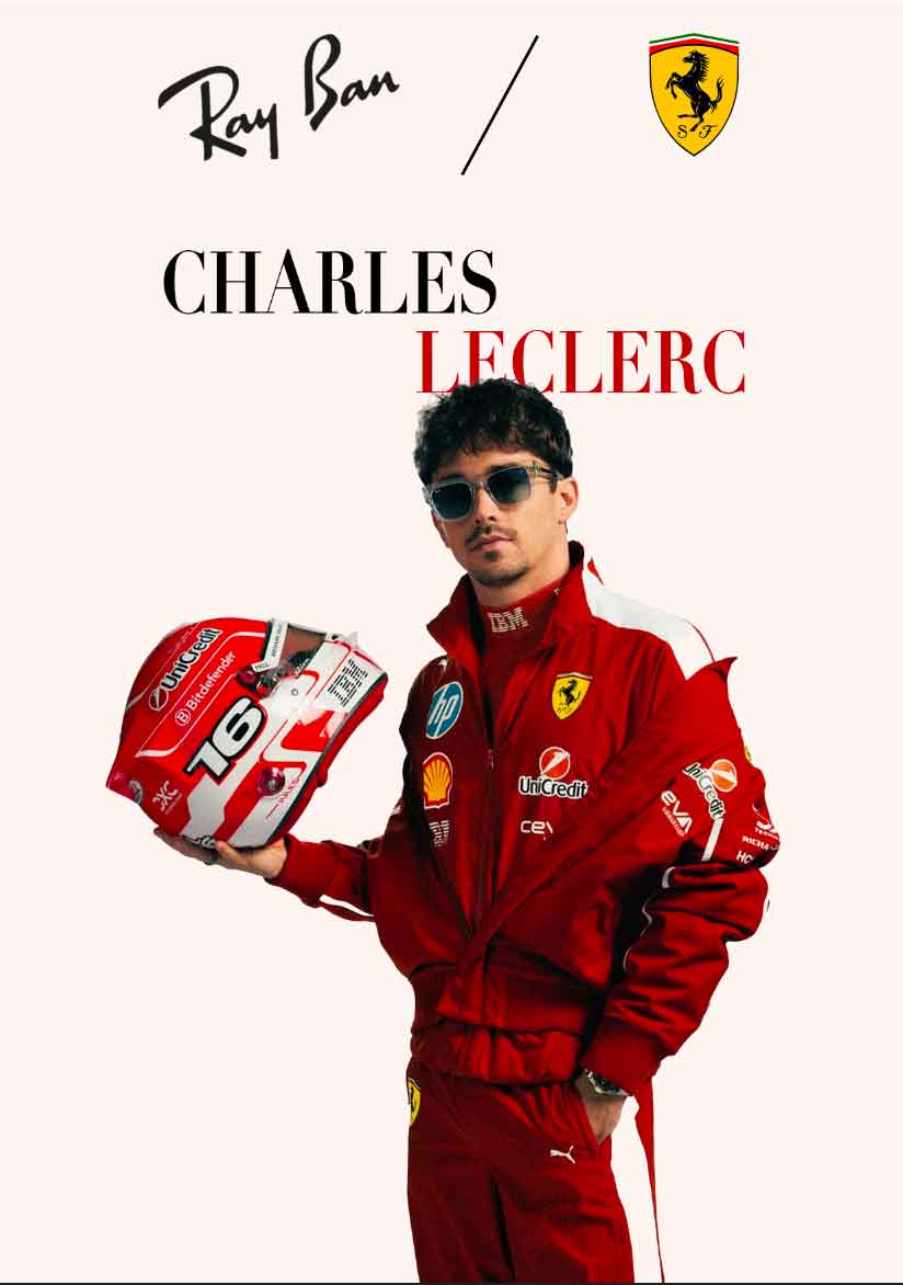 Charles Leclerc en combinaison Ferrari tenant son casque de pilote, portant des lunettes Ray-Ban dans le cadre d’une campagne Ray-Ban x Scuderia Ferrari