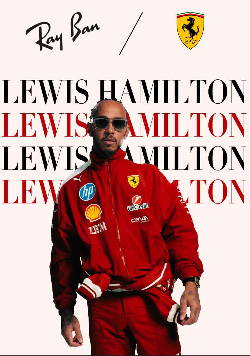 Lewis Hamilton en tenue officielle Ferrari, arborant des lunettes Ray-Ban, devant un fond typographique répétant son nom dans une campagne Ray-Ban x Ferrari.