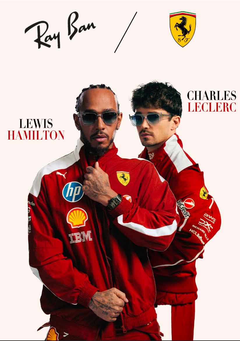 Lewis Hamilton et Charles Leclerc, portant des lunettes Ray-Ban et des vestes officielles de la Scuderia Ferrari dans une campagne promotionnelle Ray-Ban x Ferrari.